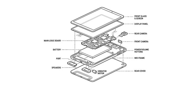 Exploded view diagram of a modern smartphone showing internal components and assembly.