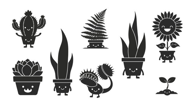 Cute Kawaii Plants Collection: Cactus, Sunflower, Venus Flytrap, Fern, Succulent, Snake Plant