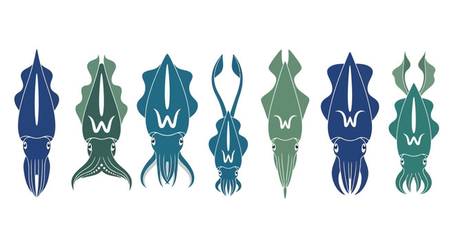 Collection of Stylized Squid Silhouettes in Blue and Green Tones