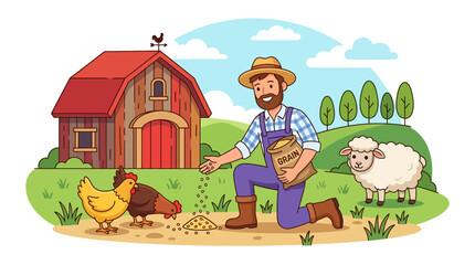A friendly farmer kneeling on the ground while feeding chickens on a farm. © Eijaz_Rahmat