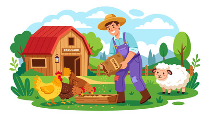 A cheerful farmer feeding chickens and tending to a sheep on a sunny farm. © Eijaz_Rahmat