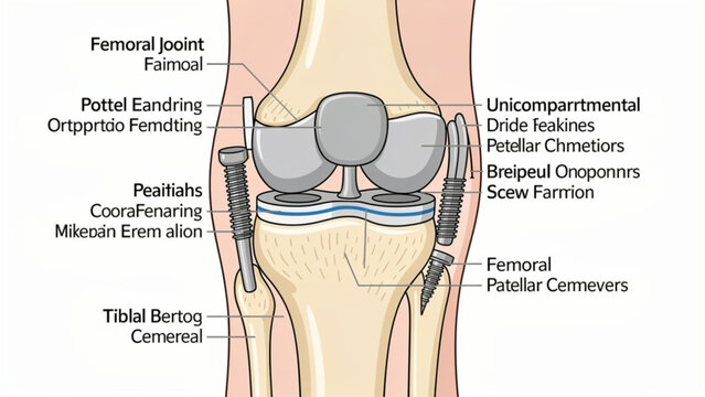 Detailed human knee joint anatomy with bones cartilage ligaments and muscles in medical illustration