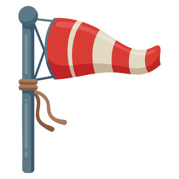 Airport runway windsock with inflated striped windbag. Flat vector illustration suitable for aviation and meteorology themed graphics.