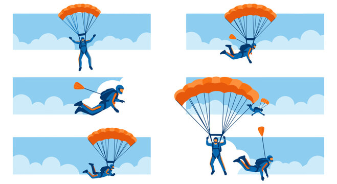 Set of Parachutist Icons with Parachute Jumpers in Sky