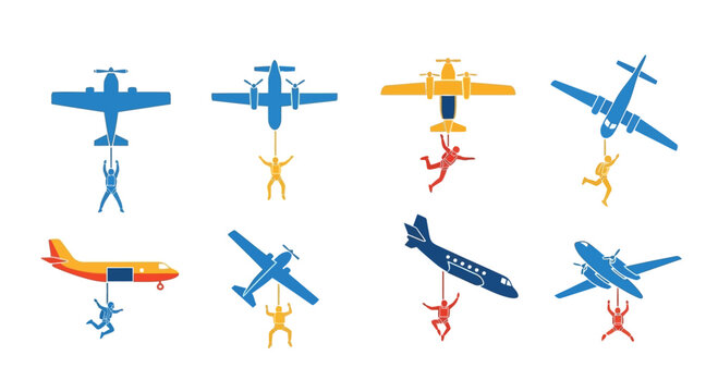 Set of Skydivers Jumping from Different Airplanes Icons