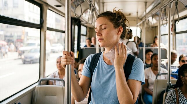 Female passenger traveling by bus acting as a Person Cooling Neck Ice to prevent heatstroke. Ideal for public transport climate issues urban commute warnings and wellness tips.