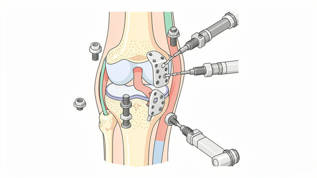 Detailed Medical Illustration Showing Knee Joint Surgery with Surgical Instruments and Cartilage Repair