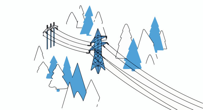 Stylized power lines traverse a minimalist mountain landscape with abstract trees