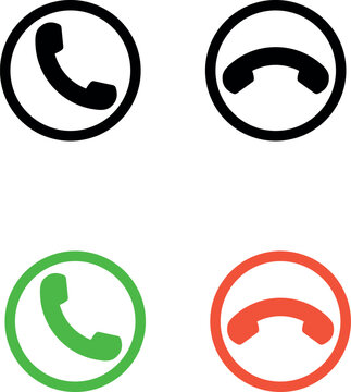 Phone call icon set with green accept and red decline handset symbols for mobile user interface design
