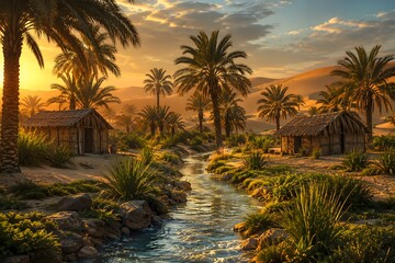 Obraz premium Serene Desert Oasis Village at Sunset, Beautiful Stream Flowing Through Palm Trees and Traditional Mud Brick Huts Landscape
