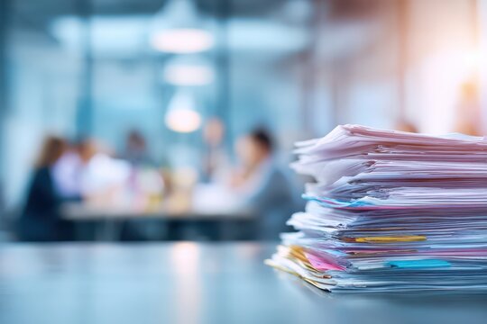 Stack of documents and papers on office desk with blurred background of people in meeting.