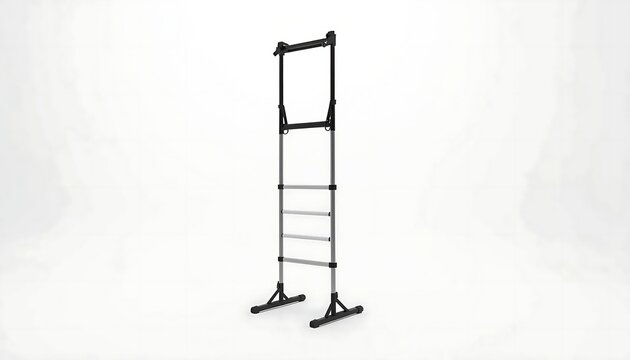 A foldable agility ladder with black rungs and yellow straps stands upright.