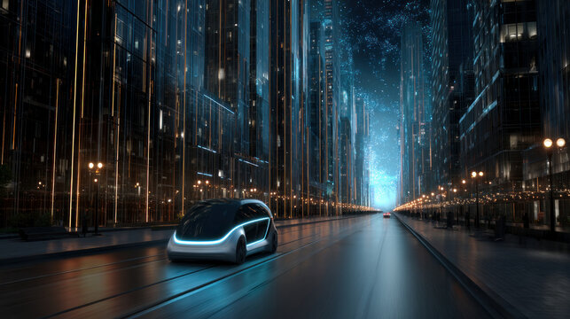 Autonomous AI vehicle driving through futuristic city streets. Automation of generation and training of artificial intelligence technology machines, AI.