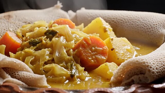 Delicious Ethiopian Vegetable Stew Served with Injera Bread Closeup.