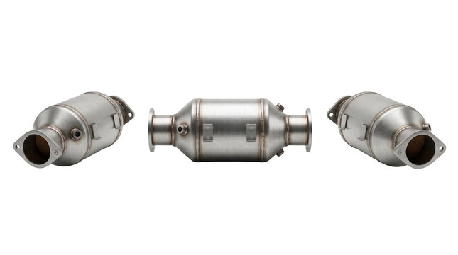 Set of 3 identical car catalytic converter exhaust system parts icons layout