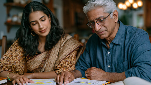 Indian family gathered around a dining table on the morning of a citizenship interview appointment, the parents reviewing printed preparation questions while their teenage daughter quizzes them calm