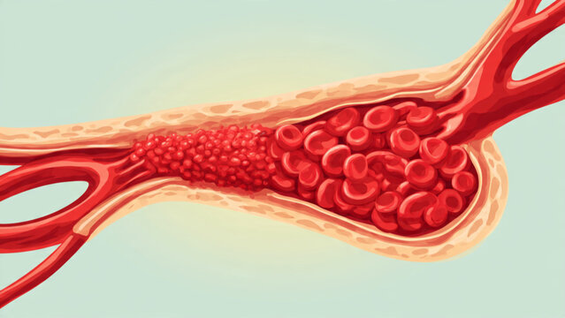 Detailed medical illustration of an inflamed blood vessel with blood clots in red and orange colors