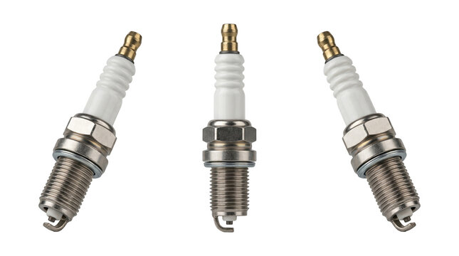 Set of 3 multi-angle views of automotive ignition spark plug repair spare part, transparent background, PNG