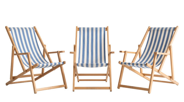 Folding beach deck chair with blue and white stripes summer asset