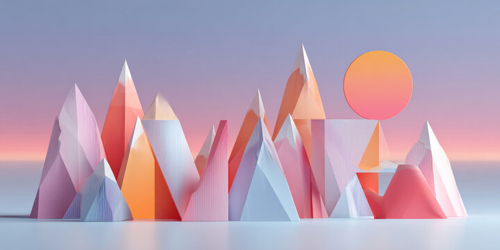 A collection of geometrically shaped mountains in pastel colors with a large, orange and pink sun above them against a gradient sky background