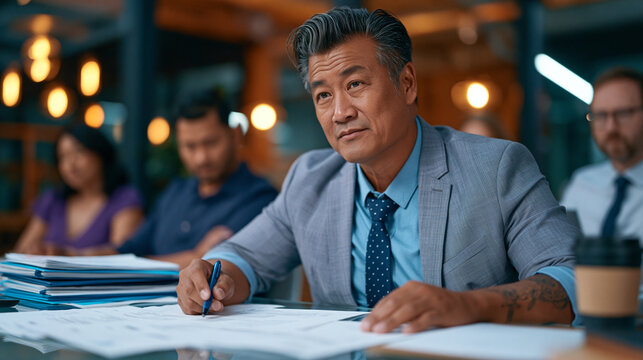 Middle-aged Filipino software architect at a corporate campus reviewing H1B sponsorship paperwork spread across a glass conference table, colleagues observing quietly, company legal team documents s