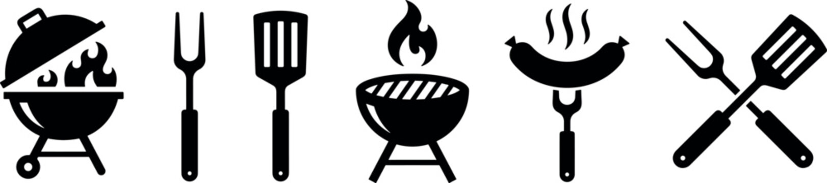 Barbecue grill icon set featuring cooking tools flame sausage spatulas forks for summer picnic backyard party elements,