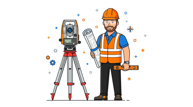 A professional land surveyor standing next to a total station on a tripod.