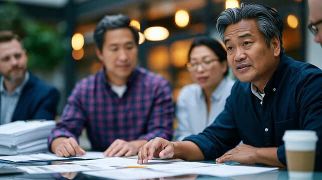 Middle-aged Filipino software architect at a corporate campus reviewing H1B sponsorship paperwork spread across a glass conference table, colleagues observing quietly, company legal team documents s