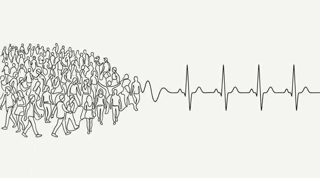 A conceptual illustration showing a crowd of people transforming into a heartbeat rhythm line.