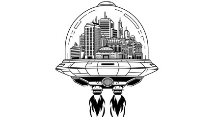 Futuristic city inside a flying saucer spacecraft illustration. © Aagil_Umais