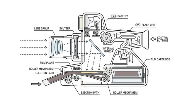 Technical diagram showing the internal mechanical components of an instant film camera.