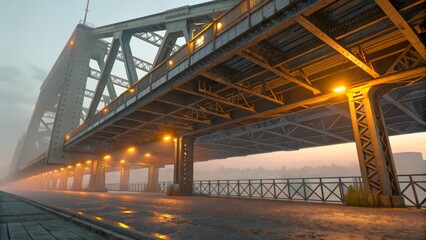 Naklejka premium View of a bridge lit by streetlights during early morning fog by a riverbank