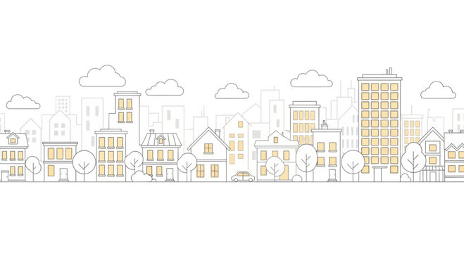 Hand drawn doodle cityscape sketch with colorful building outlines.