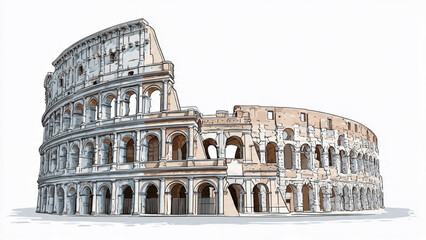 Fototapeta premium Detailed illustration of the historic Roman Colosseum with arches and stone structure in neutral tones