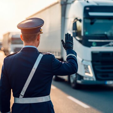 Border guard stopping highway traffic at checkpoint