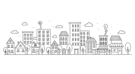 Naklejka premium Hand drawn doodle style cityscape illustration with houses and buildings.