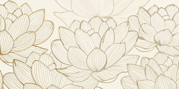 Elegant line drawing of golden lotus flowers on a cream background floral pattern