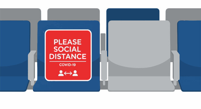 Seating arrangement with social distancing sign and empty chairs