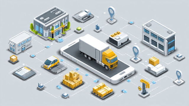Smart city infrastructure with autonomous trucks and connected vehicles in futuristic urban setting