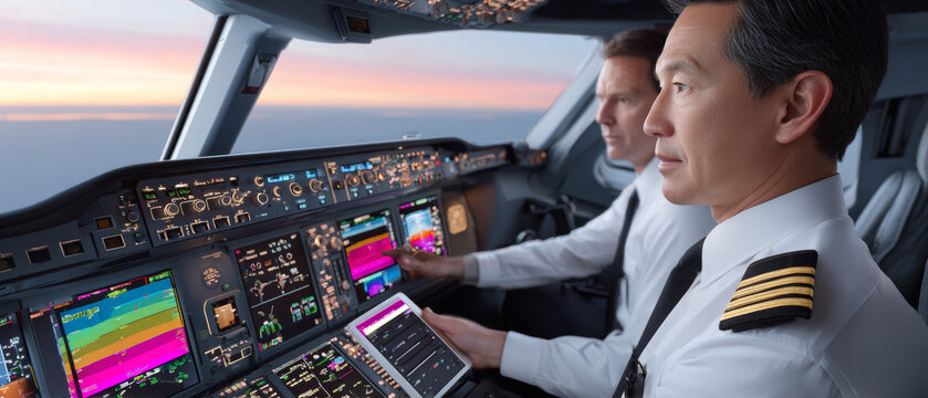 Two pilots in a cockpit with advanced digital displays and controls, one using an electronic tablet