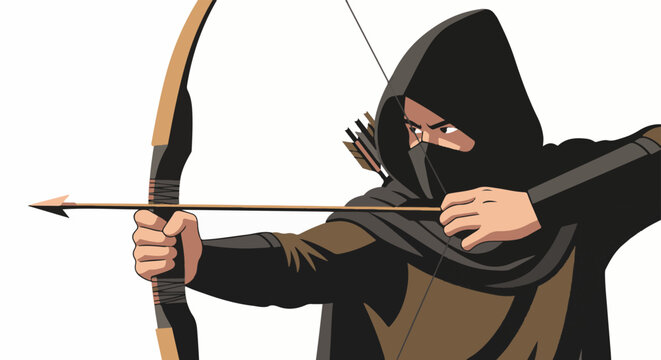 A person in a black hooded cloak aims a bow and arrow at a white background