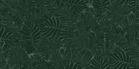 seamless pattern of stylized fern leaves in dark green monochromatic design © Raj