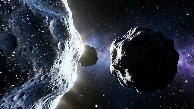Large asteroids floating in deep space against a brilliant stellar backdrop. Rocky celestial bodies orbit a distant sun near a vibrant nebula. Astronomy concept for sci-fi and educational media.