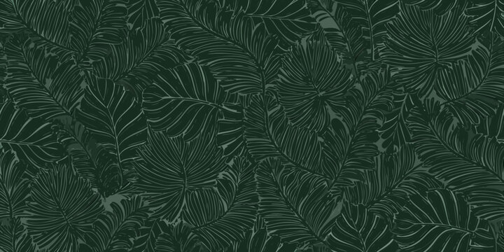 seamless pattern of stylized fern leaves in dark green monochromatic design
