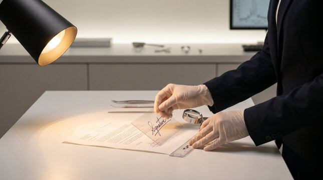 Forensic document examiner placing a questioned handwriting sample under an oblique raking lamp, close up hands holding reference overlays a