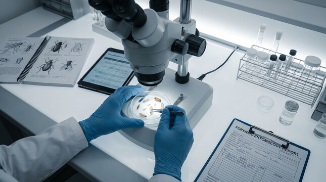 Forensic entomologist examining insect larvae specimens in a petri dish under a stereo microscope in a neutral-lit hospital environment labo