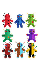 Fototapeta premium Collection of colorful voodoo dolls with pins, isolated on white background
