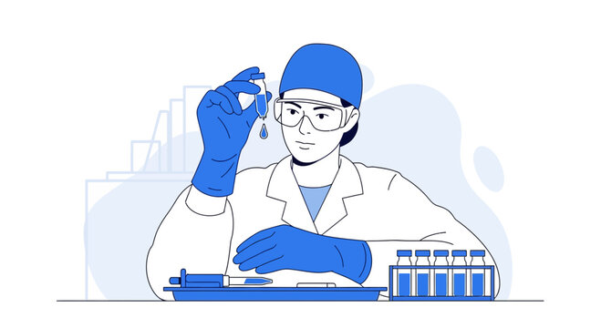 Scientist in lab coat and gloves examines vial, research, development, medical science