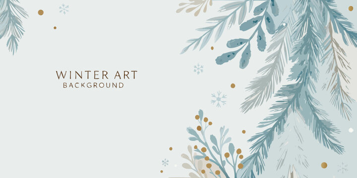 watercolor pine branches and foliage cool teal and gold tones on a light background