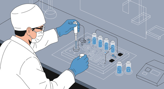 Scientist in lab coat and gloves performs experiment with microfluidic chip and test tubes